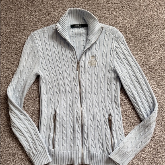 Ralph Lauren Sky Blue Cable Knit Cardigan with Silver logo and Zipper Details - Picture 7 of 8